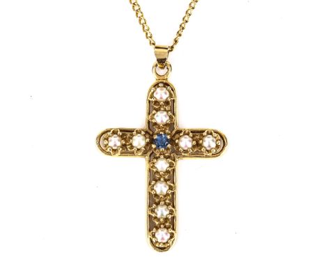 A 14ct gold sapphire and pearl cross pendant necklace, on 9ct fine curb link chain, pendant height excluding bale 38.2mm, cha
