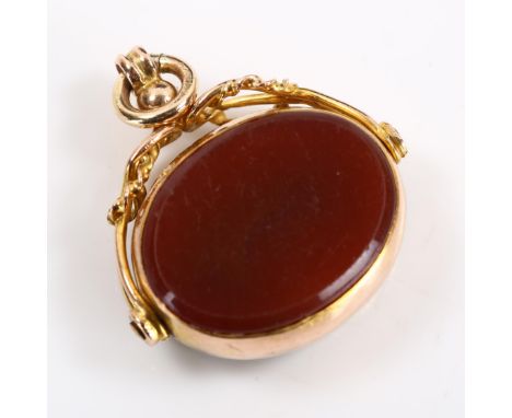 An early 20th century 9ct rose gold mounted hardstone swivel fob seal, mounted with bloodstone and carnelian, hallmarks Chest