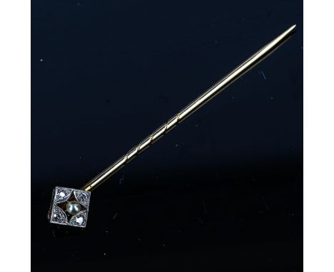 An Art Deco pearl and diamond stickpin, lozenge openwork form, set with single-cut diamonds, stickpin head height 9.6mm, 1.7g