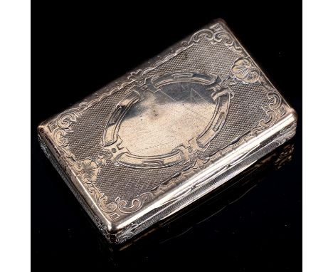 A Continental white metal snuffbox, rectangular form with engraved and engine turned decoration, 7.5cm x 5cm, 2.3ozNo damage 