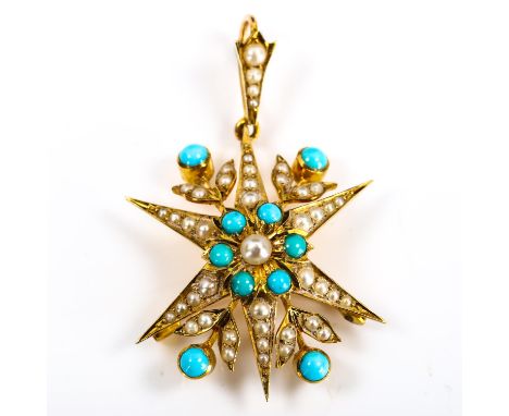 A Victorian 15ct gold turquoise and pearl 6 rayed star pendant/brooch, set with round cabochon turquoise and split pearls, pe