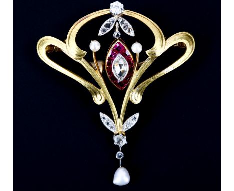 A French Art Nouveau gold ruby pearl and diamond openwork brooch, centrally suspending a marquise cluster pendant set with ma