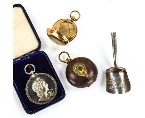 Various collectables, including gold filled sovereign case, Georgian silver tea caddy shovel, Royal Academy of Music medal et