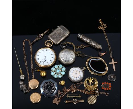 Various jewellery silver and pocket watches, including 9ct gold brooch, Georgian coral mourning brooch, gold plated pocket wa