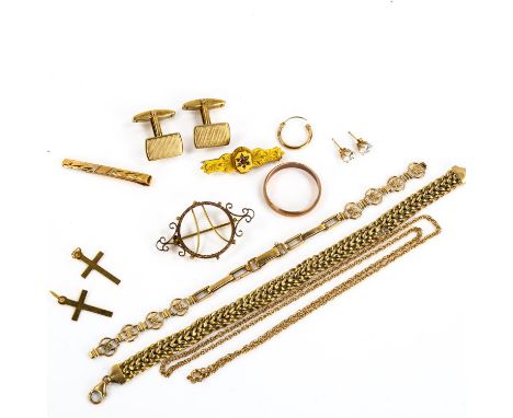 Various gold jewellery, mostly 9ct, including tie clip, cufflinks, bracelet etc, 29.8g weighable, 8ct wedding band, 3.9g, 9ct