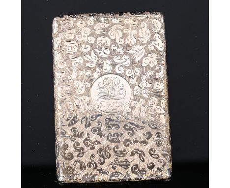 A late Victorian Sampson Mordan silver patent cigarette case, rectangular form with spring hinged lid, allover engraved folia