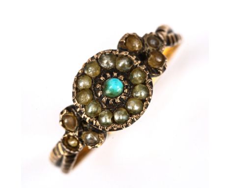 A Georgian turquoise and pearl cluster ring, unmarked gold settings with feathered shoulders, setting height 8mm, size O, 2.1