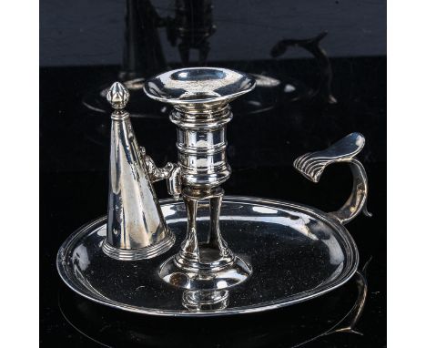 A George II silver chamber stick, with removeable sconce and later snuffer with bishop's mitre crest, indistinct maker's mark