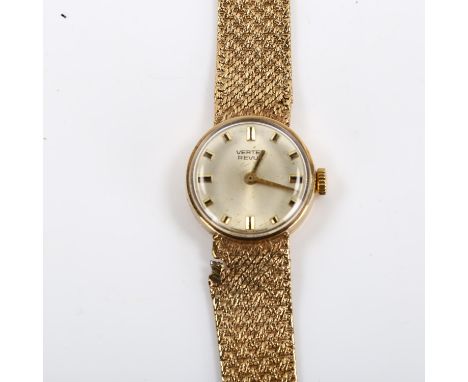 VERTEX - a lady's Vintage 9ct gold Revue mechanical bracelet watch, silvered dial with baton hour markers and 9ct gold mesh s