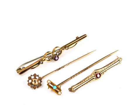 Various gold jewellery, comprising 2 stickpins and 2 brooches, 7.5g total (4)Lot sold as seen unless specific item(s) request