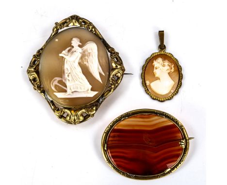 A Victorian shell cameo brooch, oval agate brooch, and gilt-metal cameo pendant, cameo brooch height 61.4mm, 35.5g total (3)L