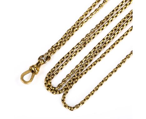 **DESCRIPTION CHANGE** An Antique unmarked gold belcher link long guard chain, with dog clip, *tested as 9ct gold* chain leng