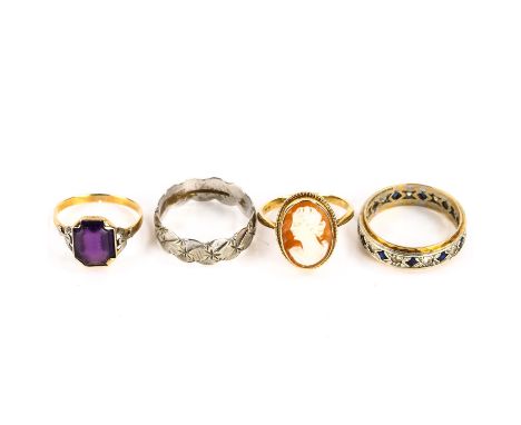 4 x 9ct gold rings, including amethyst and cameo, 11.2g gross (4)Lot sold as seen unless specific item(s) requested 