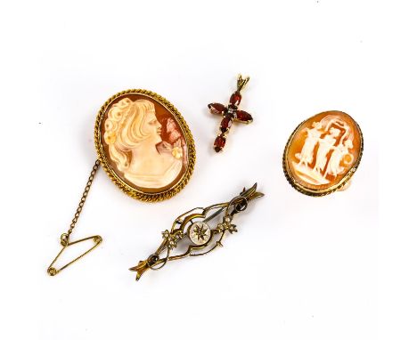 Various gold jewellery, including cameo ring and brooch, stone set cross pendant etc, 17.5g total (4)Lot sold as seen unless 