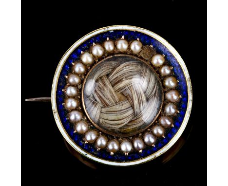 A Georgian rose gold pearl and enamel memorial brooch/clasp, central lattice woven hair panel under convex glass with border 