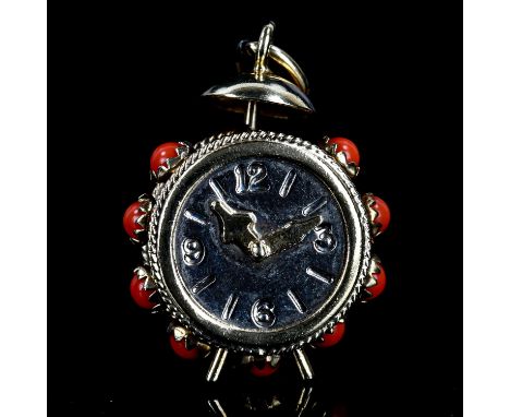 A 9ct gold novelty coral alarm clock charm, charm height excluding bale 26.9mm, 4.6gNo damage or repair, all stones present, 
