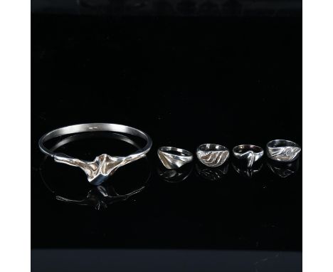 Various Vintage Danish stylised sterling silver fold jewellery, comprising 4 x rings, and 1 x bracelet, makers include Gifa, 