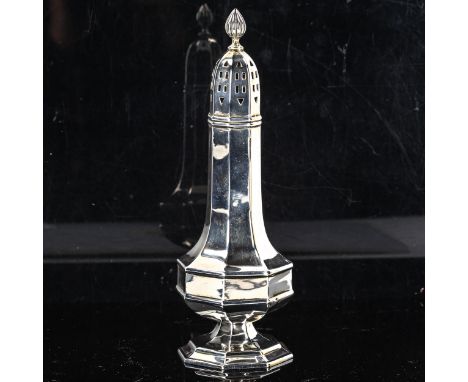 A George VI Art Deco silver octagonal baluster sugar caster, with flame finial, by G Bryan & Co, hallmarks Birmingham 1938, h