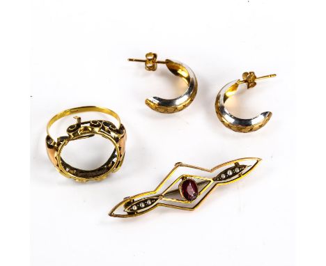 Various 9ct gold jewellery, including garnet and pearl brooch, sovereign ring mount (A/F), and pair of earrings, 5.4g total (
