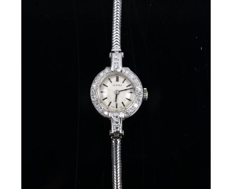 VERTEX - a lady's Vintage 18ct white gold diamond mechanical cocktail bracelet watch, silvered dial with baton hour markers a