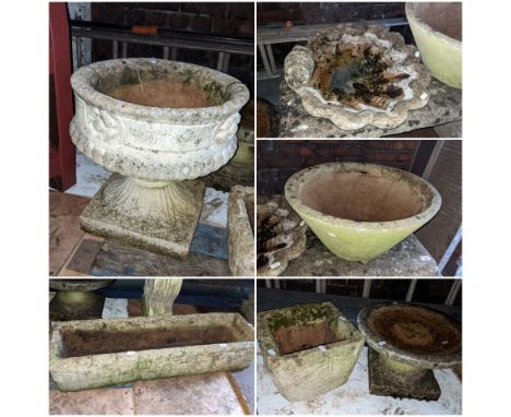 Mixed garden stoneware items to include a trough planter, bird bath, urn shaped planter and other items Location: DHIf there 