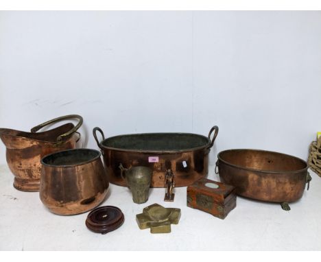 A selection of Victorian and later copperware, a brass ashtray in the form of playing cards, a Chinese wooden box with brass 