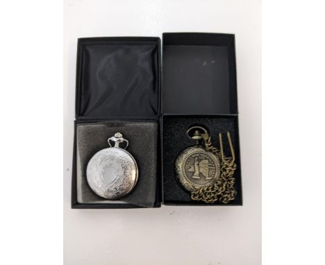 A boxed reproduction Sekonda silver coloured pocket watch and boxed compass designed as a pocket watch with 'New York 1788' d