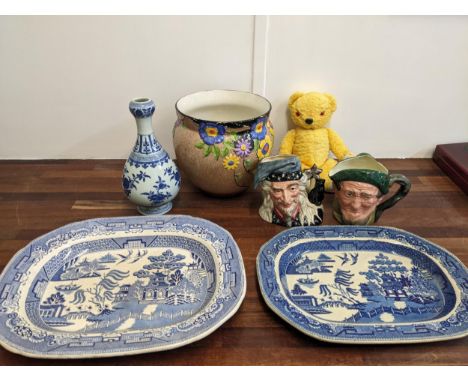 Ceramics to include a Chinese blue and white bottle vase, Royal Doulton character jugs, a Chad Valley bear 1950s, and meat pl