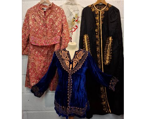 A group of mixed vintage Worldwide clothing to include a 1950's/60's Elka Couture Chinese style pink coat with gold and silve
