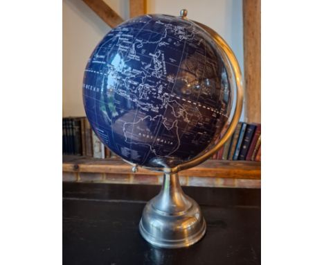 A blue Legend globe on a white metal base, approx 50cm high. Location:If there is no condition report, please request