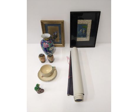 A mixed lot of Asian related items to include a modern Chinese famille rose vase, two Japanese miniature urns, an Indian prin