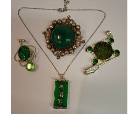 A modern Chinese silver and green jade necklace and other silver, white metal and green cabochon  and green composition items