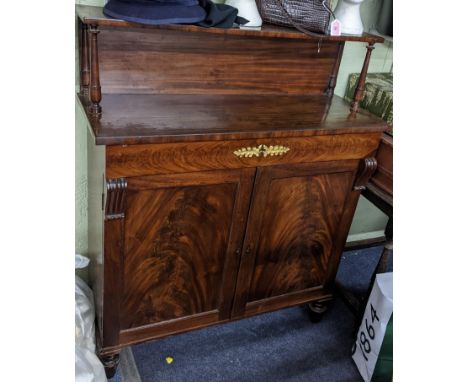 A Regency mahogany chiffonier having a raised back, single drawer and two cupboards, 116H x 59WLocation: BWRIf there is no co
