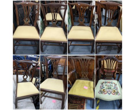 Nine Chippendale style mahogany pierced splat back dining chairs to include George III chair with beige upholstered seatsLoca