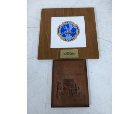 Military related to include a Nato saclant tile inset with a wooden panel, with a plaque to Capt George A.F. Bower RN April 1