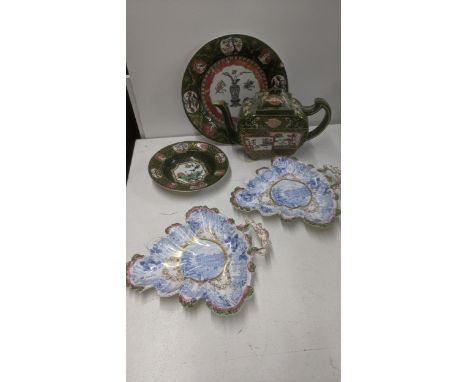 19th century Ashworth Ironstone teapot and plates, together with a pair of 19th century dessert dishes Location: If there is 
