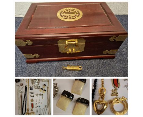 A late 20th Century Chinese jewellery box A/F (foot missing) with brass corners and hardware together with a small quantity o