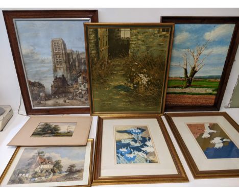 Pictures to include three late 19th century watercolours, a print, Chadwick - oil on canvas, and two Japanese prints Location