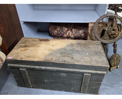 A vintage wooden tool chest containing various woodworking tools, and a cast iron American drill Location:If there is no cond