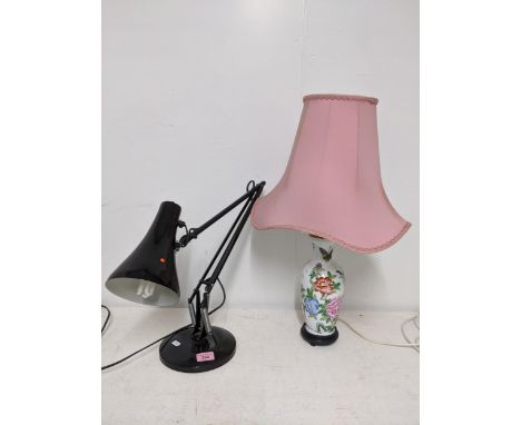 A black finished anglepoise table lamp, and a Chinese porcelain table lamp on wooden stand with fabric shade (both wired and 
