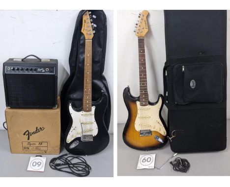 Two electric guitars and an amp to include a XLX guitar, Westfield guitar, Fender Squire amp, with accessories including carr