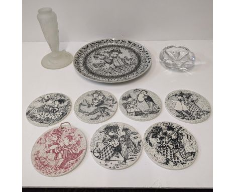 A mixed lot to include seven Nymolle month of the year plates, an Orrefor Swedish glass dish, a French glass vase and a large