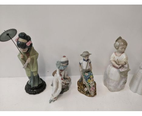 LLadro and nao porcelain figures to include 'Curios girl with straw hat' 'Girl ironing' 'Girl praying' 'Valencia girl' and ot