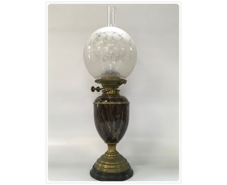 DUPLEX VASE, OIL LAMP, WOODEN BASE, BRASS CUP AND STEM, MARBLED POTTERY VASE AND LAMP, OLD ETCHED SHADE (In-house packing una