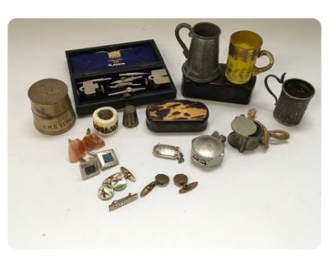 A COLLECTORS LOT, MINIATURE TANKARDS, CUFF LINKS, PATCH BOXES, EYE GLASSES, DRAWING INSTRUMENTS ETC. 