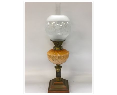 DUPLEX OIL LAMP, SQUARE STEPPED BRASS BASE, DECORATED METAL STEM, ORANGE TINTED AND GILDED GLASS FONT, MODERN ETCHED SHADE (I