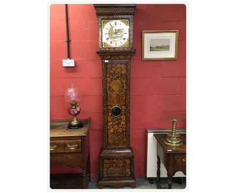 EARLY 18TH CENTURY MARQUETRY LONGCASE CLOCK, PETER WISE, LONDON, THE 12 INCH DIAL SIGNED ON A SILVERED ROMAN AND ARABIC CHAPT