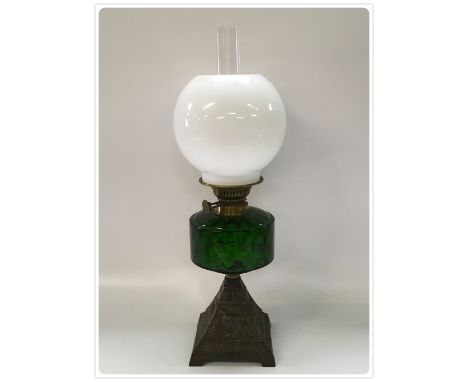 DUPLEX OIL LAMP CAST BASE REGISTRATION NUMBER 1884, MOULDED GLASS FONT, MODERN OPAL GLASS SHADE (In-house packing unavailable