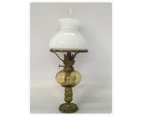 PIANO OIL LAMP AMBER GLASS FONT, 6 LINE KOSMOS BURNER OPAL GLASS (In-house packing unavailable for this lot) SHADE 