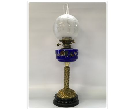 DUPLEX OIL LAMP, POTTERY BASE DECORATIVE BRASS CUP AND STEM, HAND PAINTED BLUE GLASS FONT, OLD ETCHED SHADE (In-house packing